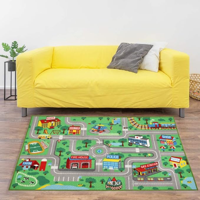 Kids Play Rug for Playroom 5.2x3.3 ft Town City Road Map Car Mat Play Mat Educational Learning Carpet Area Rug for Boy Girl Toddler Bedroom Playroom