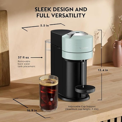 Nespresso Vertuo Next Coffee & Espresso Maker by De'Longhi, Teal | Jade teal coffee machine with slim, sustainable design. Brews 6 cup sizes, espresso to 18 oz., all topped with crema.