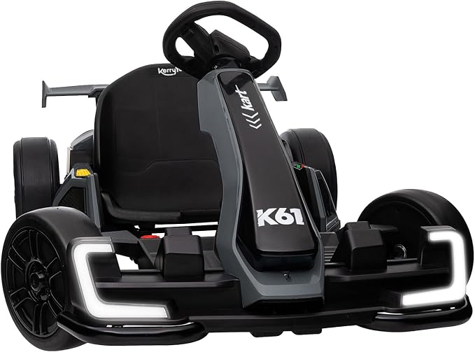 KerryYoo K61 Go Kart Electric Drift Kart with Length Adjustable Seat, 24V Outdoor Ride on Toy with 4 Speed Mode, Crazy Kart for Kids 6-12 Years Old, Fast 300W Motor, 8.5 MPH, Bluetooth - Gray