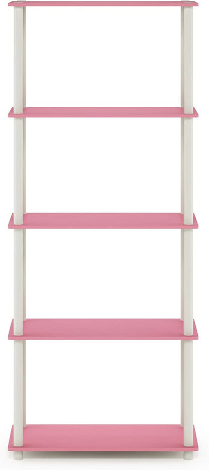 Furinno TURN-N-TUBE Storage Shelves, 5-Tier Book Shelf, Corner Shelf, Toolless Open Shelves, for Organization and Storage, Living Room, Garage, Home Office, Pink
