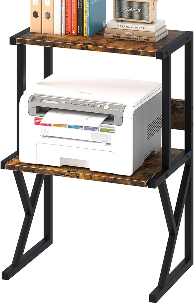 aboxoo Desktop Printer Stand with 3 Tier Wood Storage Shelves,Under Desk Printer Table,Multi-Purpose Home Office Desk Organizer for Fax Machine, Scanner (Brown)
