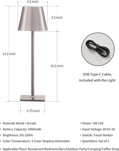 KDG 2 Pack Cordless Table Lamp,Portable LED Desk Lamp, 5000mAh Battery Operated, 3 Color Stepless Dimming Up, for Restaurant/Bedroom/Bars/Outdoor Party/Camping/Coffee Shop Night Light(Brushed Nickel)