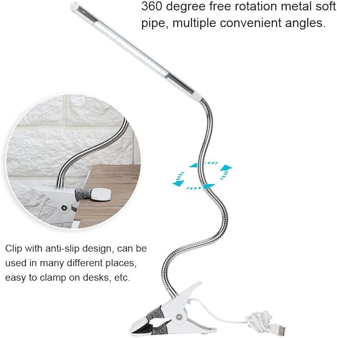 FILFEEL LED Clip - Portable Flexible Neck Desk Light for Tattoo/Manicure/Makeup USB Interface(Pearl White)