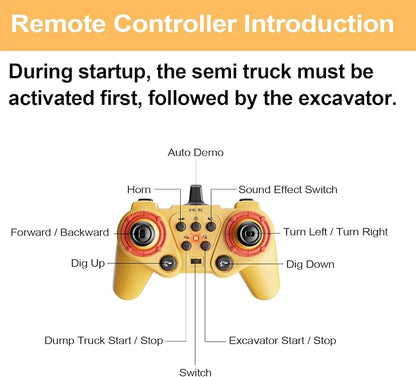 RC Semi Truck and Trailer & Excavator Toy Set - 11CH 24.6" Dual Control Mode Remote Control Engineering Vehicle with Sound & Lights, 2.4Ghz Flatbed Truck with Excavator Toys, Great Gift for Kids Boys