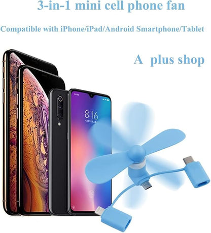 A plus Mini Cell Phone Fan 3-in-1 Mobile Phone Fans Compatible with iPhone/iPad/Android Smartphone/Tablet Fit for Micro USB/Type C/Lightning Port Fan Colorful and Powerful Fans(6-Pack)