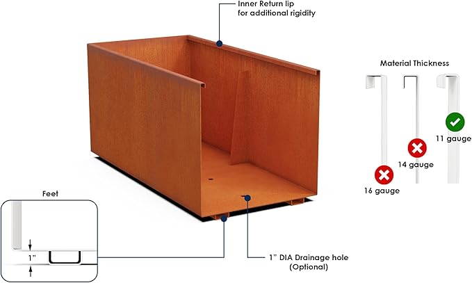 Plantercraft Extra Large Corten Steel Planter 60x24x24 | Large Rectangular Planters for Outdoor Plants & Modern Landscape Design | Heavy Duty Metal Planter Box