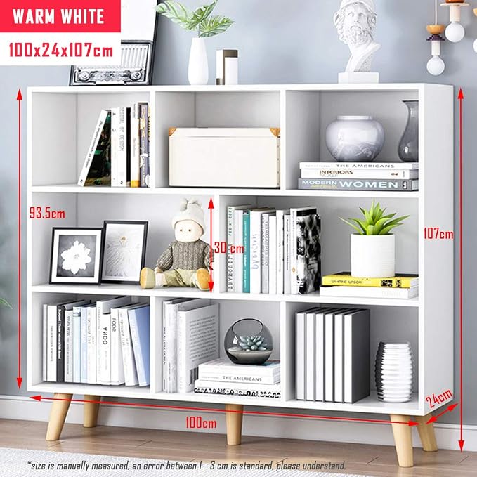 IOTXY Wooden Open Shelf Bookcase - 3-Tier Floor Standing Display Cabinet Rack with Legs, 8 Cubes Bookshelf, Warm White