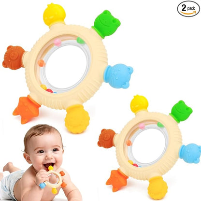 Baby Teething Rings Rattle Toys for 0-6 Months Baby Silicone Teether Relief Sooth Chew for Babies 0 3 6 9 12 Months Newborn Essentials Sensory Colorful Animal Teething Ring Infant Gift