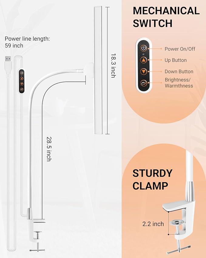 LED Desk Lamps for Home Office, Gooseneck Desk Lamps with Clamp, 30 Lighting Modes Adjustable, 18W Eye-Caring Desk Light, for Reading, Study, Workbench
