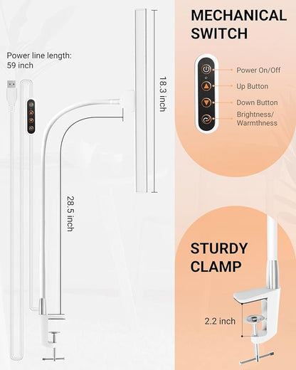 LED Desk Lamps for Home Office, Gooseneck Desk Lamps with Clamp, 30 Lighting Modes Adjustable, 18W Eye-Caring Desk Light, for Reading, Study, Workbench