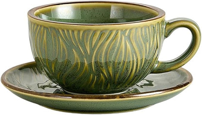 Coffeezone Vintage Design 12 oz Ceramic Latte Art Cappuccino Barista Cup with Saucer (Wave Green)