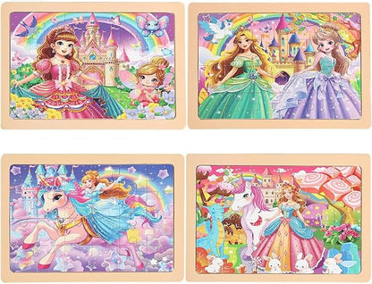 jWooden Puzzle for Kids 4-6 Years Old, 4 Pack of 24 Pieces Unicorn Princess Fairy Puzzle, Preschool Education Brain Teaser Toy for 3 4 5 6 Year Old Girls.