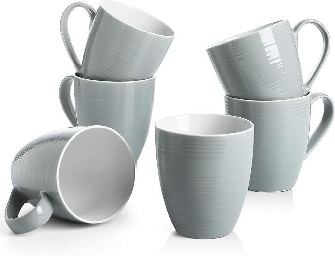 DOWAN Coffee Mugs, 17 Oz Coffee Mug Set of 6, Corrugated Tea Mugs (Grey)