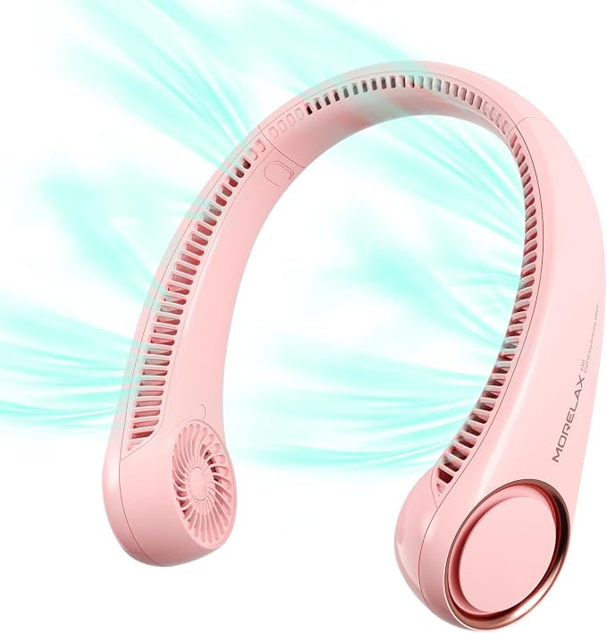 Morelax Neck Fan, USB Rechargeable Personal Fan, 3 Speeds Adjustable, Large air outlet Powerful Strong Wind, Adjustable, 360° Cooling, Super Quiet, No Blade Design, No Hair Twisting, Small (Pink)