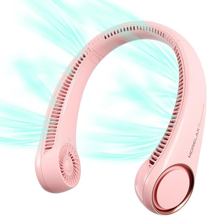 Morelax Neck Fan, USB Rechargeable Personal Fan, 3 Speeds Adjustable, Large air outlet Powerful Strong Wind, Adjustable, 360° Cooling, Super Quiet, No Blade Design, No Hair Twisting, Small (Pink)