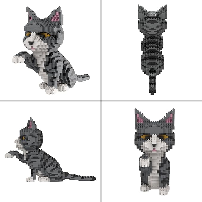 Larcele Cat Mini Building Blocks Animal Set, DIY Micro 3D Building Toy Bricks,1300 Pieces KLJM-05(Grey and White Cat)