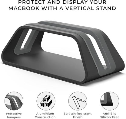 HumanCentric Vertical Laptop Stand Compatible with MacBook Pro and MacBook Air, Holder for Personal Computer Desk Stand, Aluminium, Exchangeable Inserts to Fit Different Device Models, Black