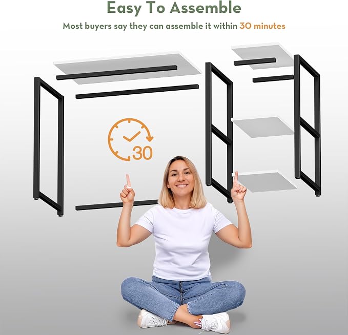 SINPAID 40" Small Computer Desk with Study Shelves for Home Office,White | Easy Assembly Study Desk, Sturdy Writing Desk for Bedroom & Home Office, Cream White