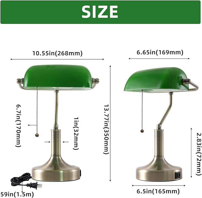Banker Desk Lamp Green Glass, Antique Desk Lamps with Brass Base, Traditional Library Table Lamp with USB A and Type C Charging Port for Office, Study Room, Pull Chain Switch