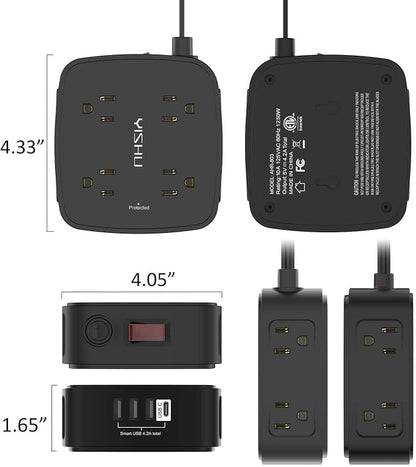 10 Ft Surge Protector Power Strip - YISHU 8 Widely Outlets with 4 USB Ports, 3 Side Outlet Extender with 10 Feet Flat Extension Cord, Ultra Flat Plug, Wall Mount, Desk USB Charging Station, ETL, Black