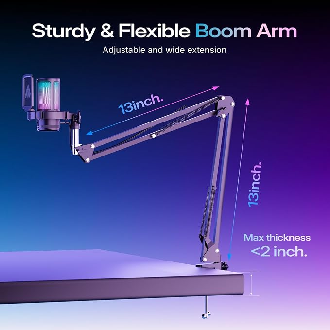 MAONO DGM20S Gaming Microphone for PC with Clear Voice & Noise Reduction | RGB Lighting, Tap-to-mute, Gain Control, Headphone Monitoring and Boom Arm for Discord Gaming, Streaming, Content Creation