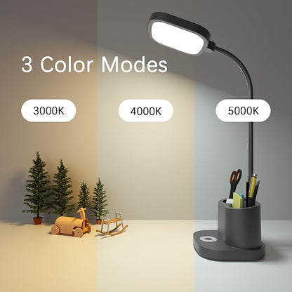 LED Desk Lamp for Home Office with USB Charging Port, Rechargeable Powered Table Lamp Battery Operated Cordless Reading Lamp, Pen Holder, 3 Way Dimmable, Bright, Tall, Flexible, Gooseneck, Black