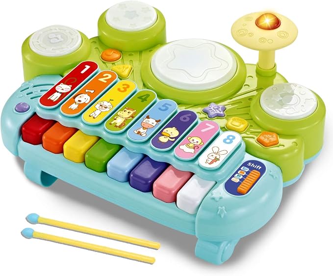 Fisca 3 in 1 Musical Instruments Toys, Electronic Piano Keyboard Xylophone Drum Set - Learning Toys with Lights for Baby & Toddler 1 2 3 Year Old Boys and Girls