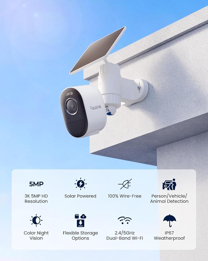 REOLINK Security Cameras Outdoor Wireless WiFi, Argus 3 Pro+Solar Panel with 5MP Color Night Vision, 2.4G/5Ghz WiFi, Non-Stop Solar Powered, Human/Vehicle Detection, Home Hub Compatible