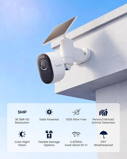 REOLINK Security Cameras Outdoor Wireless WiFi, Argus 3 Pro+Solar Panel with 5MP Color Night Vision, 2.4G/5Ghz WiFi, Non-Stop Solar Powered, Human/Vehicle Detection, Home Hub Compatible