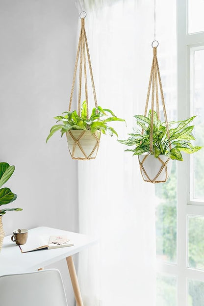 Dahey Macrame Plant Hanger Indoor Hanging Planter Basket Handmade Woven Cotton Rope Flower Pot Decorative Crochet Plant Holder Stand for Boho Home Decor No Tassels,35 Inch,Set of 2, Brown