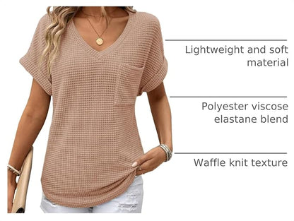 Dokotoo Womens Waffle Knit Tops 2026 Spring Summer V Neck Shirts Casual Trendy Women's Blouses Basic Tee