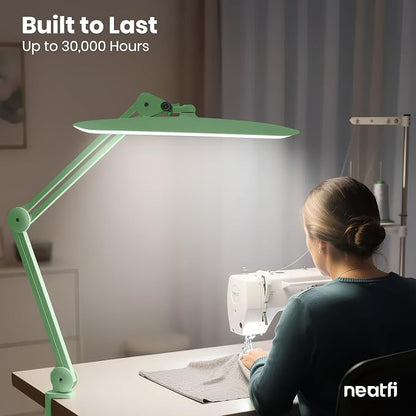 Neatfi XL 2200 Lumens 24W LED Desk Lamp – Shadow-Free Task Lighting | 4-Level Dimming | Home Office & Crafts Use | 20-Inch Wide Head (Midnight Green, Non-CCT with Clamp)