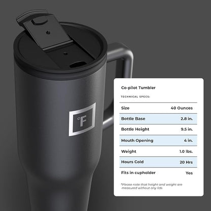 IRON °FLASK 40 oz Co-Pilot Insulated Travel Mug | Insulated Travel Mug with Straw & Flip Cap Lids - Cup Holder Fit, Leakproof, BPA Free (Midnight Black)
