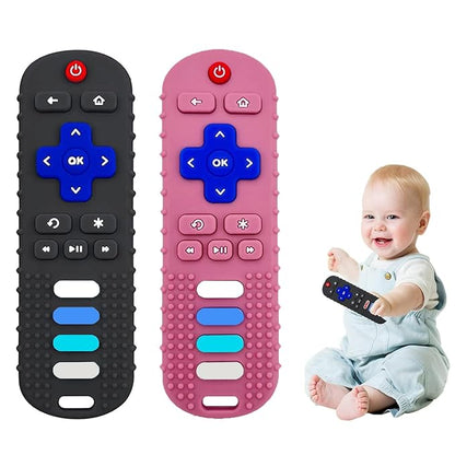 2-Pack Baby Teething Toys-TV Remote Control Shape Silicone Infants Teething Toys for Babies 0-18 Months,BPA-Free (Black+Pink)