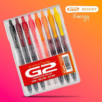Pilot G2 Premium Gel Roller Pens, G2 Boost Red Pens Pack, The Colors of Energy, 8 Pack Pouch, Fine Point 0.7 mm, Assorted