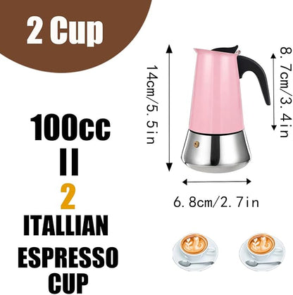 2 Cup Stovetop Espresso Maker Stainless Steel Moka Pot Stove Top Percolator Italian Coffee Makers Capable Mocha Greca Machine Cafe Classic Induction Cookers for Home and Camping 100ml 3.3oz