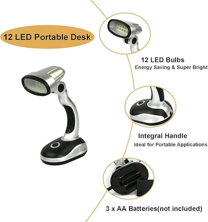 Led Desk Lamp, 12 Bulb LED Portable Desk Lamp Powered Battery Table Light, Computer Bedside Table Camping Light, Bright Battery Operated Desk Lamp Work Reading Light (2PCS)