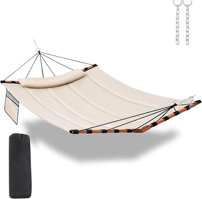 TegerDeger 12FT 2 Person Hammock Large Hammock 450LB Capacity with V Shaped Hardwood Spreader Bar & Nylon Rope for Outside, Patio, Garden, Backyard, Beach, Poolside - Beige