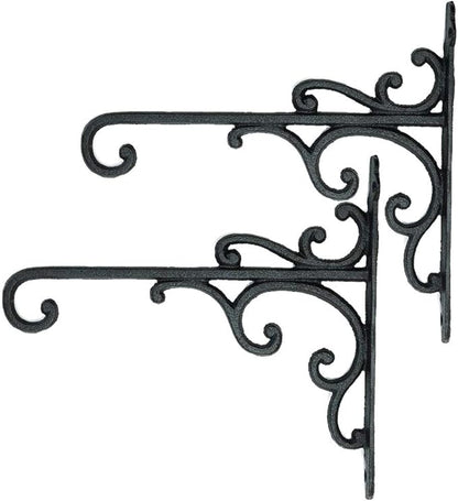 Sungmor Cast Iron Wall Hook Plant Hangers - Home & Garden Heavy Duty Hanging Bracket Plant Hooks - 2PC BLACK Decorative Wall Mount Hooks for Hanging Planter Pot Bird Feeder Birdcage Lantern Wind Chime