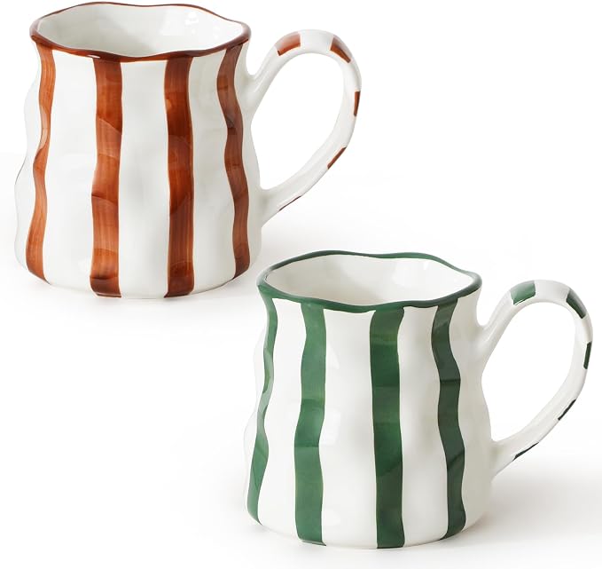 Ceramic Coffee Mugs Set of 2,Ceramic Mugs(Striped),Cute Mugs For Women,14 oz Large Coffee Mugs, Dishwasher Microwave Safe
