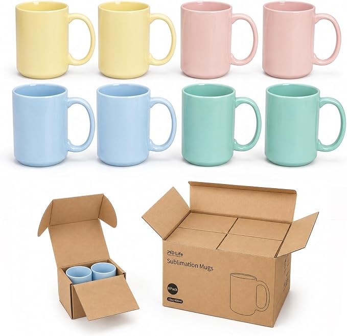 PYD Life 8 Pack Sublimation Mugs 15 OZ Mixed Macaron Colors Ceramic Cups | Sublimation Coffee Photo Mugs, Soft Tone Design Perfect for Gifts, Cafe style Branding and Craft DIY projects