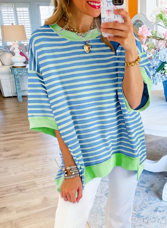 SHEWIN Womens Tops Casual Short Sleeve Sweatshirt Crewneck Striped Shirt Pullover T Shirts Loose Blouses