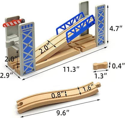 Lift Bridge Wooden Crane Toy Set with Train Cars - Compatible with Major Wooden Rail Brands - Ages 3-5