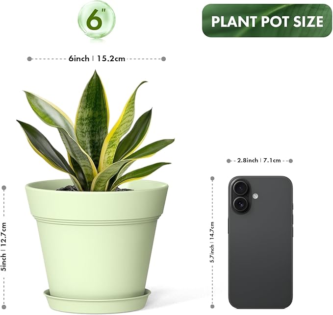 6 Inch Thick Plastic Plant Pots with Drainage Holes and Trays – 6 Pack Nursery Pots for Indoor & Outdoor House Plants, Seedling Starter Planters for Garden Flowers, Colorful
