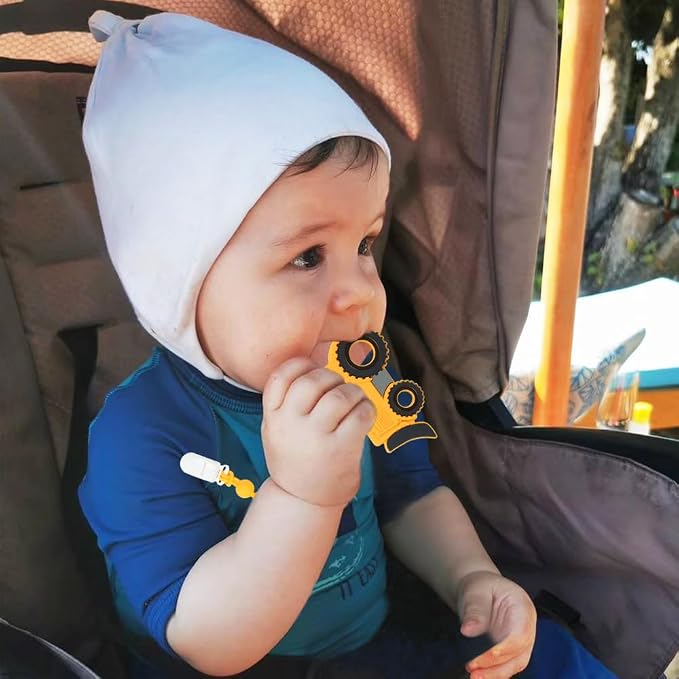 Baby Construction Vehicles Teething Toys,Food Grade Silicone Teether with One-Piece Pacifier Clip Holder,Shower Gift for 3 Months+ Boy and Girl,BPA Free,Freezer Safe. (Bulldozer)