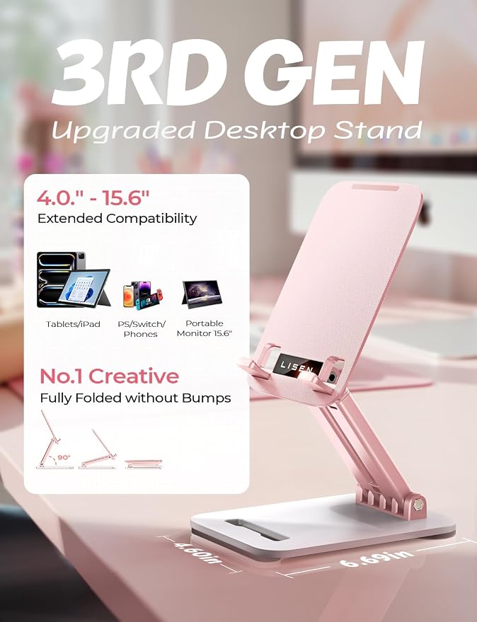 LISEN for iPad Stand Adjustable Tablet Holder Desk, iPad Accessories Pink | Foldable eBook Readers Desk Accessories Fits Kindle Stand 4-15.9"
