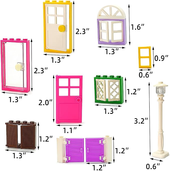 110 Pieces Doors,Windows,Fencesand Light for MOC Creative Building BlockToys Set Street House Decoration Compatible with Classic Brick for Kids Age 6 8 10 12 Years