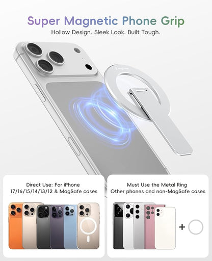 Magnetic Phone Stand Grip, 3-in-1 for MagSafe Phone Holder & Kickstand, Durable Silver Aluminum Grip, Ultra-Slim 2mm, 360° Rotation, Detachable for MagSafe Charging, Works with iPhone 17–12