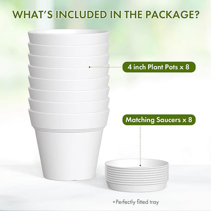 4 Inch Plastic Plant Pots with Drainage Holes and Trays – 8 Pack Small Nursery Pots for Indoor & Outdoor House Plants and Flowers, Seedling Starter Planters, White