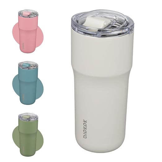 BJPKPK 24 oz Coffee Tumbler, Insulated Stainless Steel Travel Cup | Double Wall Vacuum, Leak Proof Lid, Keeps Hot/Cold/Iced, BPA Free, Dishwasher Safe, Cupholder, White